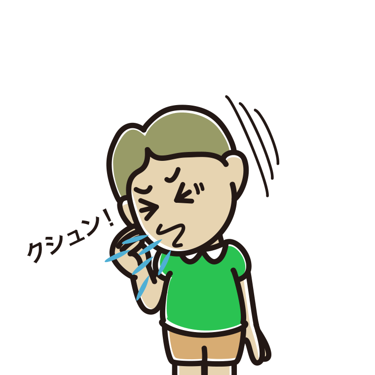 くしゃみをする小学生男子のイラスト【色あり、背景なし】透過PNG