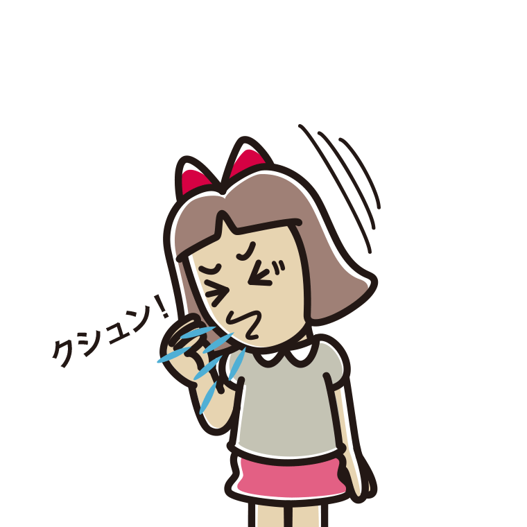 くしゃみをする小学生女子のイラスト【色あり、背景なし】透過PNG