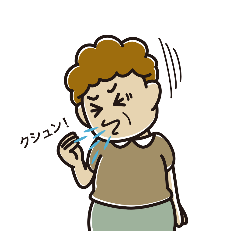 くしゃみをするおばさんのイラスト【色あり、背景なし】透過PNG