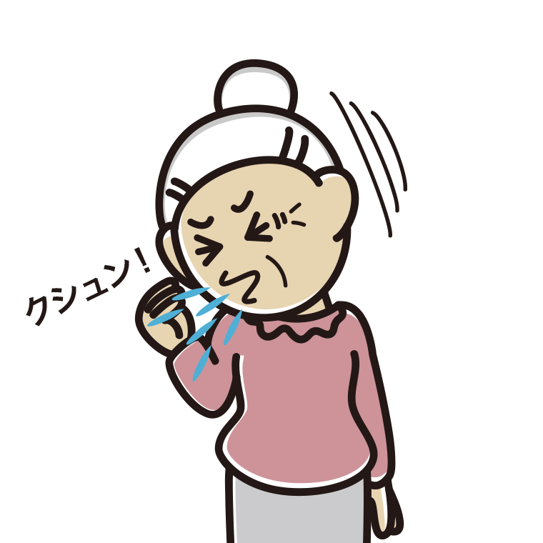 くしゃみをするおばあさんのイラスト【色あり、背景なし】透過PNG