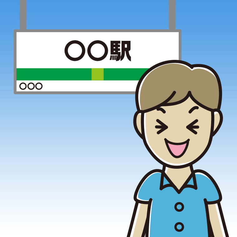 駅のホームで笑う男性会社員（クールビズ）のイラスト【色、背景あり】PNG