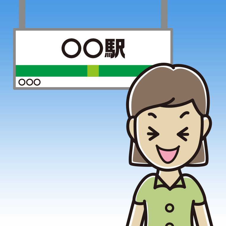 駅のホームで笑う女性会社員（クールビズ）のイラスト【色、背景あり】PNG