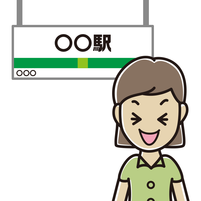 駅のホームで笑う女性会社員（クールビズ）のイラスト【色あり、背景なし】透過PNG