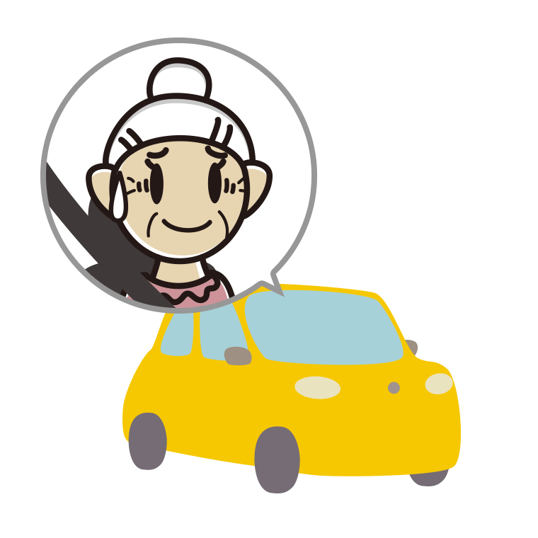 車で苦笑いするおばあさんのイラスト【色あり、背景なし】透過PNG