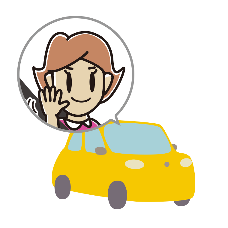 車で手を振る女性のイラスト【色あり、背景なし】透過PNG