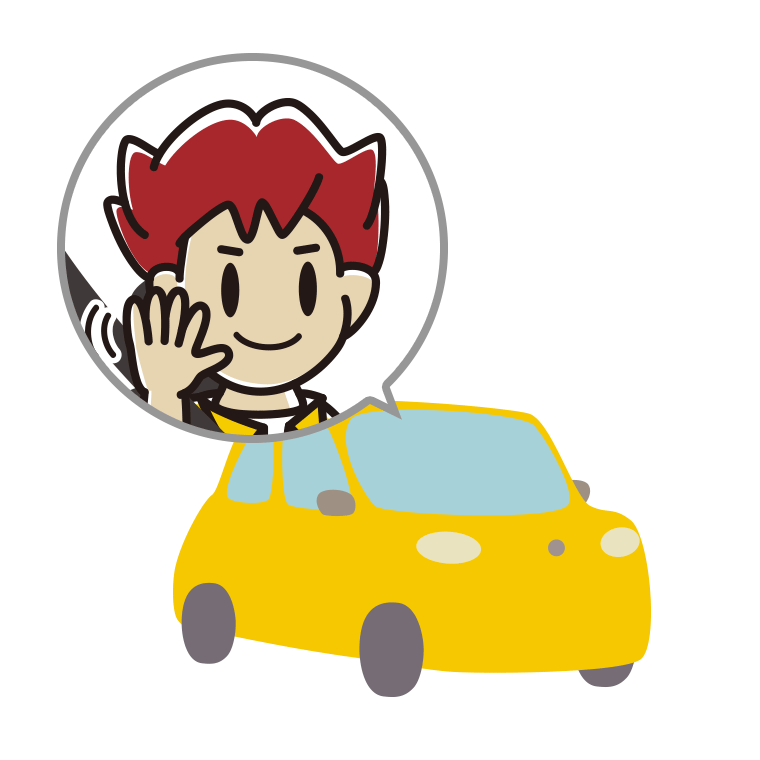 車で手を振る男子大学生のイラスト【色あり、背景なし】透過PNG