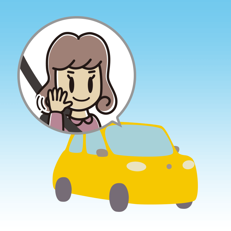 車で手を振る女子大学生のイラスト【色、背景あり】PNG