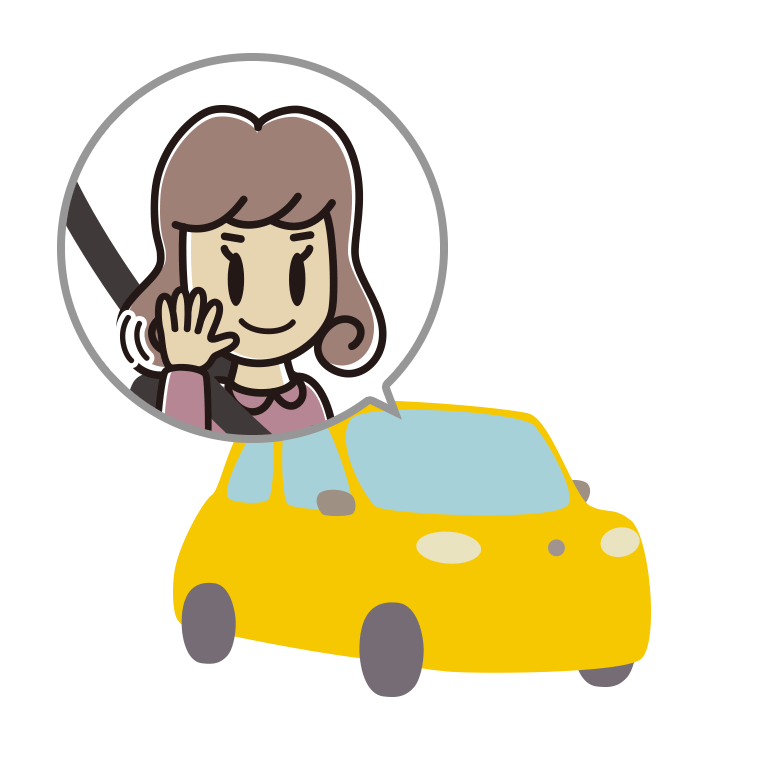 車で手を振る女子大学生のイラスト【色あり、背景なし】透過PNG