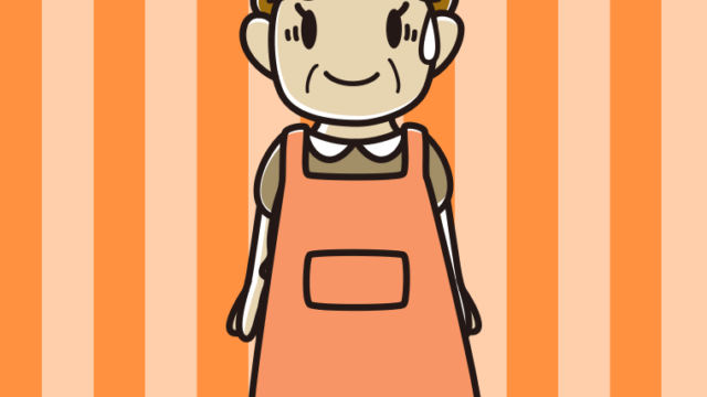 苦笑いするエプロン姿のおばさんのイラスト【色、背景あり】PNG
