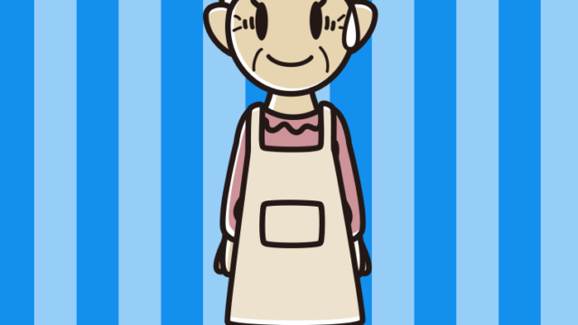 苦笑いするエプロン姿のおばあさんのイラスト【色、背景あり】PNG