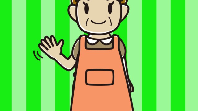手を振るエプロン姿のおばさんのイラスト【色、背景あり】PNG