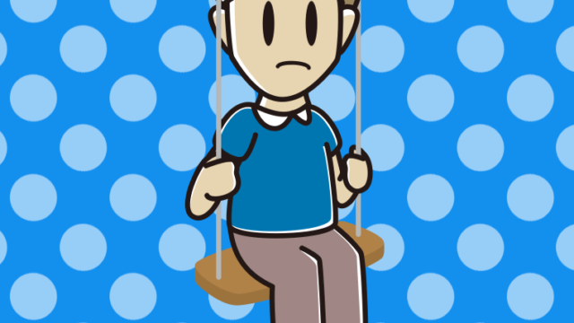 ブランコで困る男性のイラスト【色、背景あり】PNG