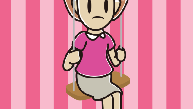 ブランコで困る女性のイラスト【色、背景あり】PNG