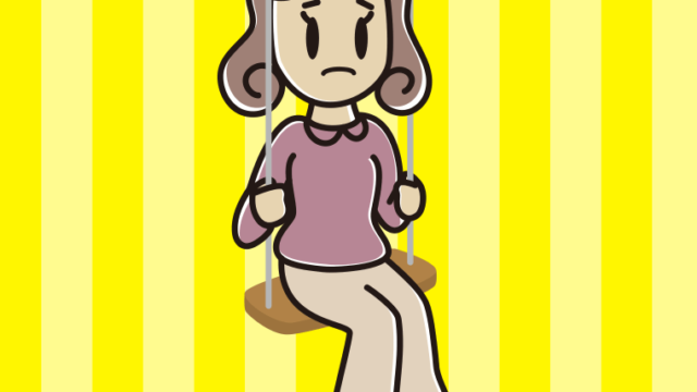 ブランコで困る女子大学生のイラスト【色、背景あり】PNG