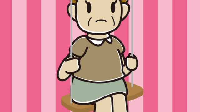 ブランコで困るおばさんのイラスト【色、背景あり】PNG