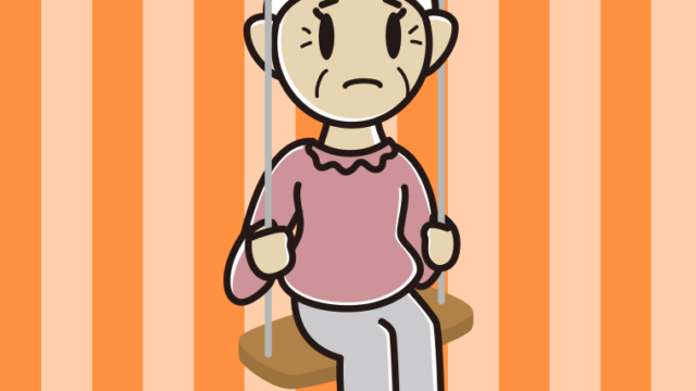ブランコで困るおばあさんのイラスト【色、背景あり】PNG