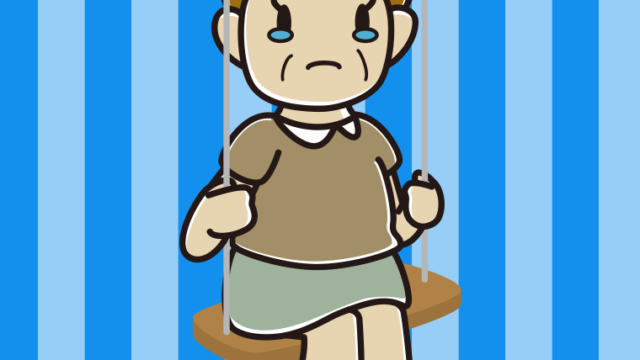 ブランコで泣くおばさんのイラスト【色、背景あり】PNG