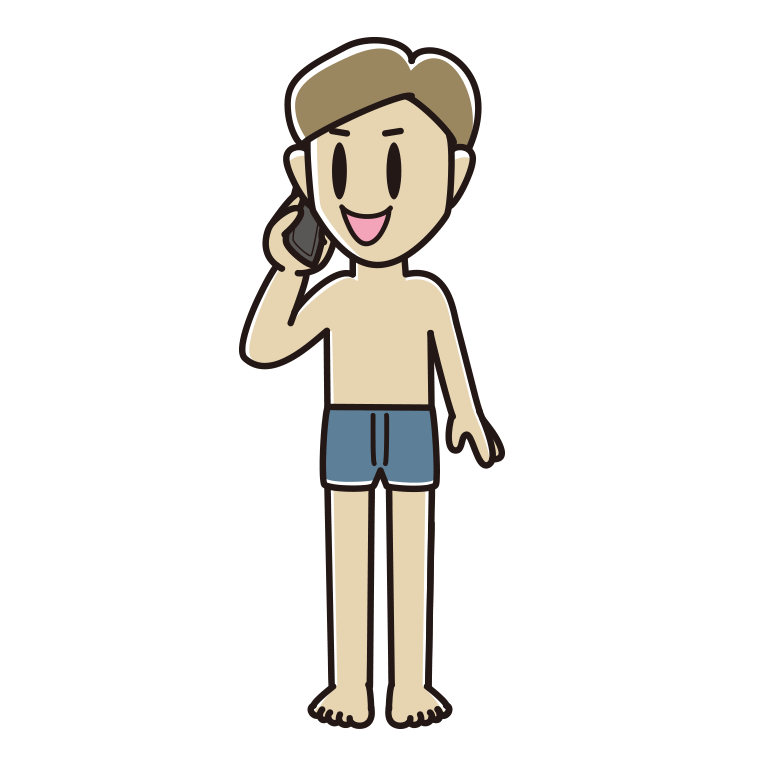 スマホで電話する下着姿の男性のイラスト【色あり、背景なし】透過PNG