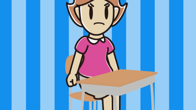 教室の席で怒る女性のイラスト【色、背景あり】PNG