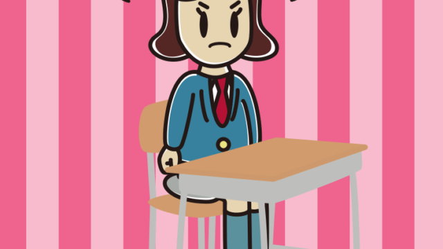 教室の席で怒る女子高校生のイラスト【色、背景あり】PNG