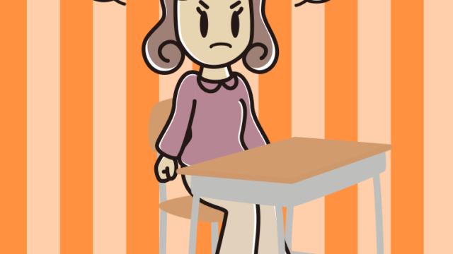 教室の席で怒る女子大学生のイラスト【色、背景あり】PNG