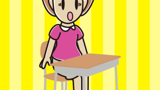 教室の席で驚く女性のイラスト【色、背景あり】PNG