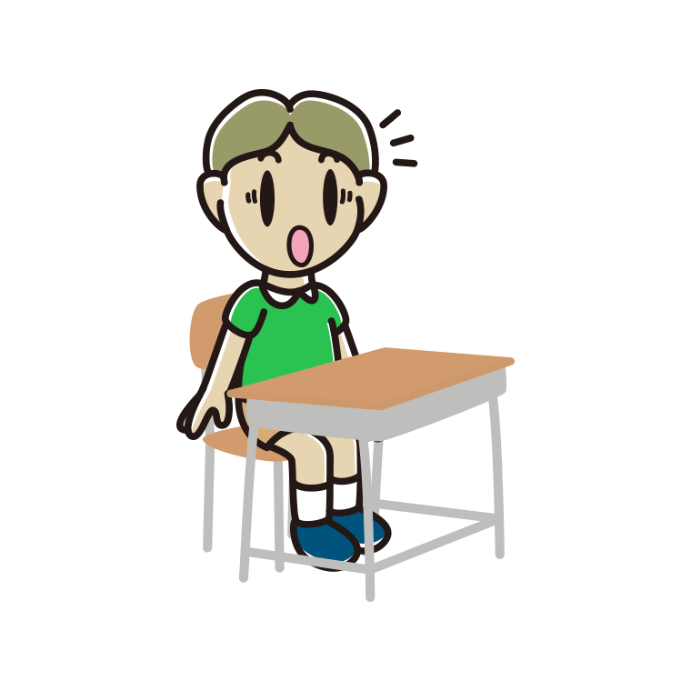 教室の席で驚く小学生男子のイラスト【色あり、背景なし】透過PNG