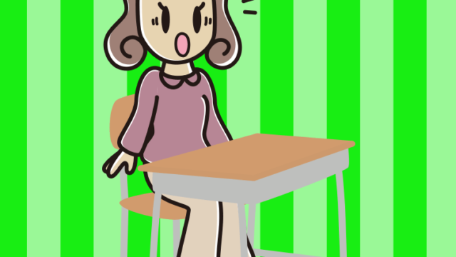 教室の席で驚く女子大学生のイラスト【色、背景あり】PNG