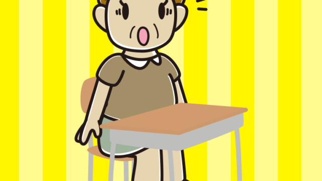 教室の席で驚くおばさんのイラスト【色、背景あり】PNG