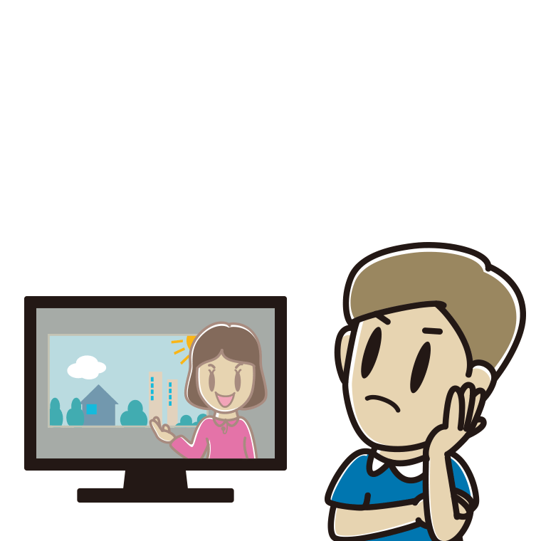 テレビを見て考える男性のイラスト【色あり、背景なし】透過PNG