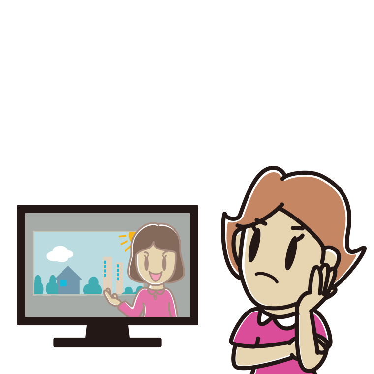 テレビを見て考える女性のイラスト【色あり、背景なし】透過PNG