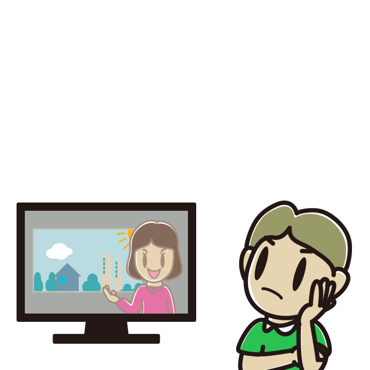 テレビを見て考える小学生男子のイラスト【色あり、背景なし】透過PNG