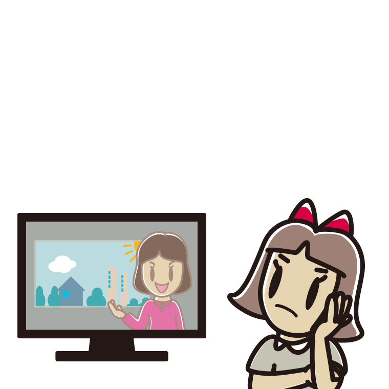 テレビを見て考える小学生女子のイラスト【色あり、背景なし】透過PNG