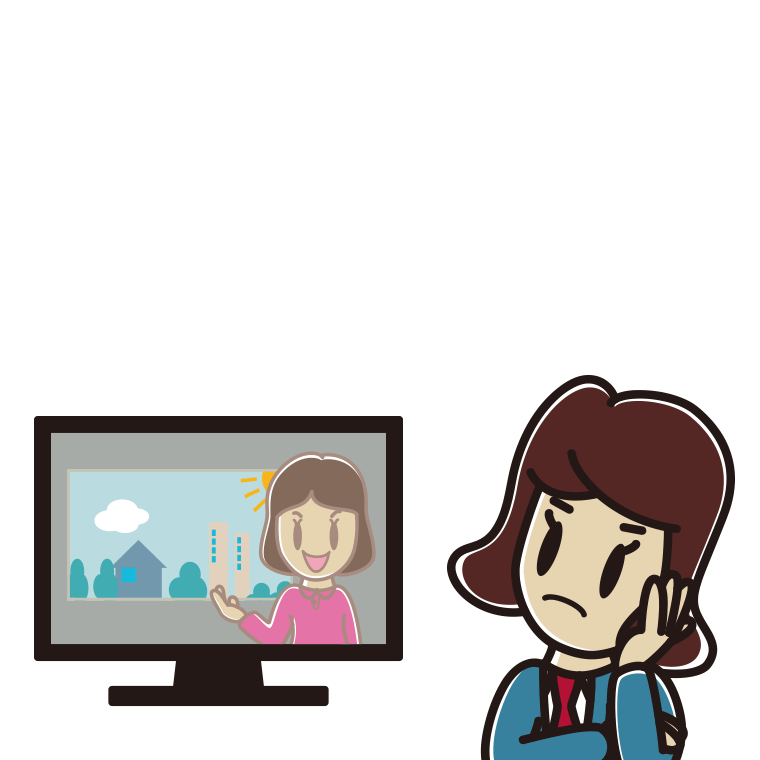 テレビを見て考える女子高校生のイラスト【色あり、背景なし】透過PNG