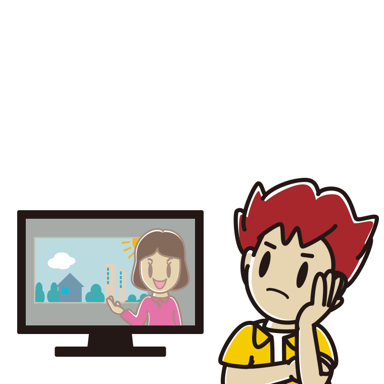 テレビを見て考える男子大学生のイラスト【色あり、背景なし】透過PNG