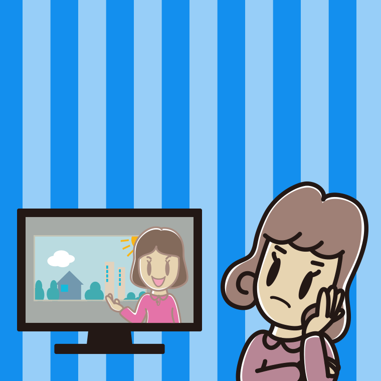 テレビを見て考える女子大学生のイラスト【色、背景あり】PNG