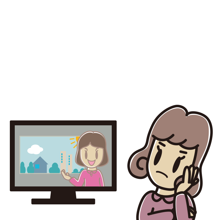 テレビを見て考える女子大学生のイラスト【色あり、背景なし】透過PNG