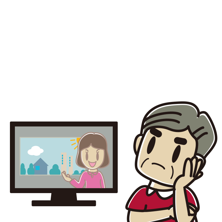 テレビを見て考えるおじさんのイラスト【色あり、背景なし】透過PNG