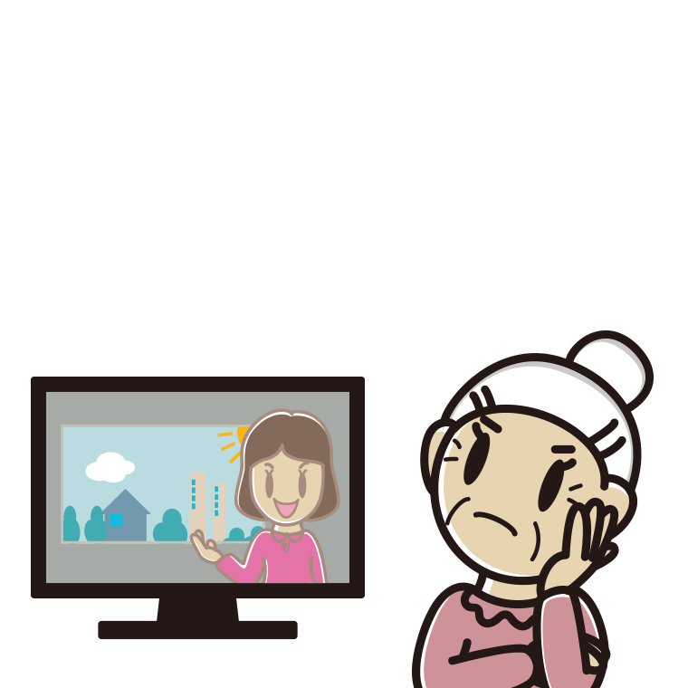 テレビを見て考えるおばあさんのイラスト【色あり、背景なし】透過PNG