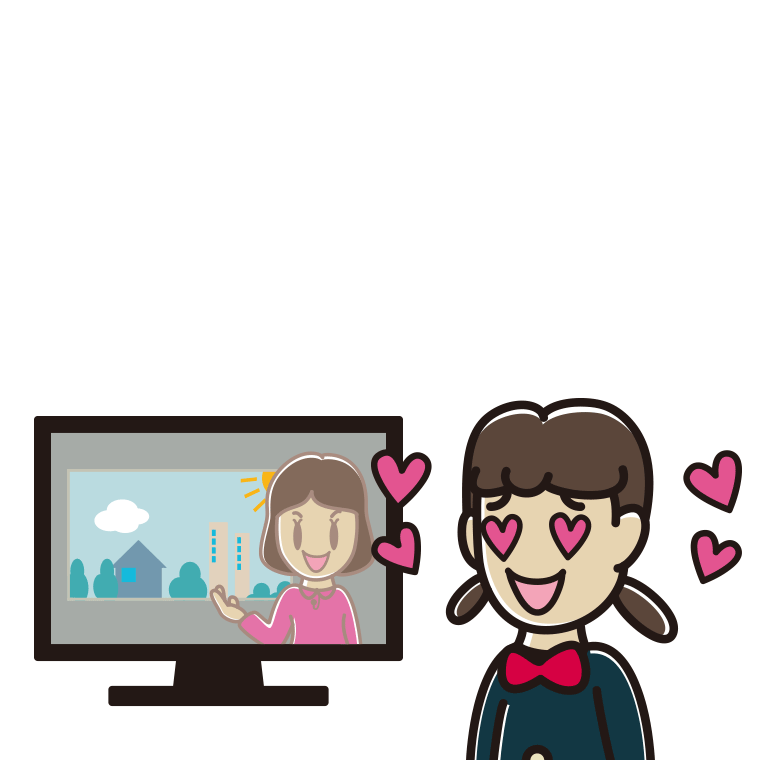 テレビを見て目がハートになる女子中学生のイラスト【色あり、背景なし】透過PNG