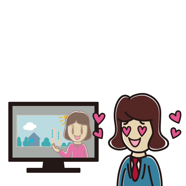 テレビを見て目がハートになる女子高校生のイラスト【色あり、背景なし】透過PNG