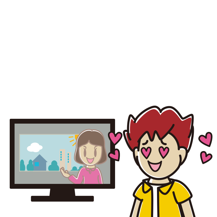 テレビを見て目がハートになる男子大学生のイラスト【色あり、背景なし】透過PNG