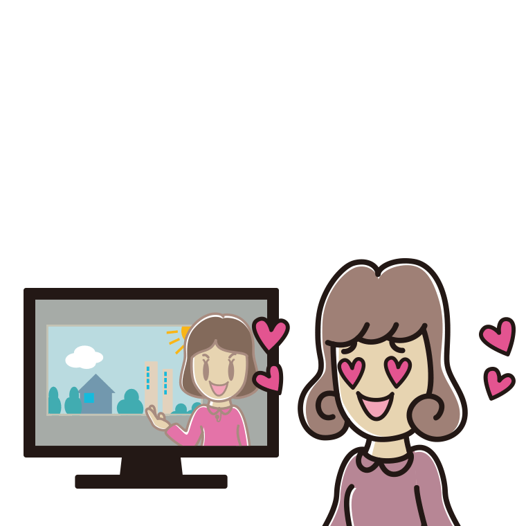 テレビを見て目がハートになる女子大学生のイラスト【色あり、背景なし】透過PNG