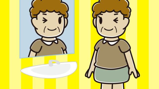 鏡にウインクするおばさんのイラスト【色、背景あり】PNG