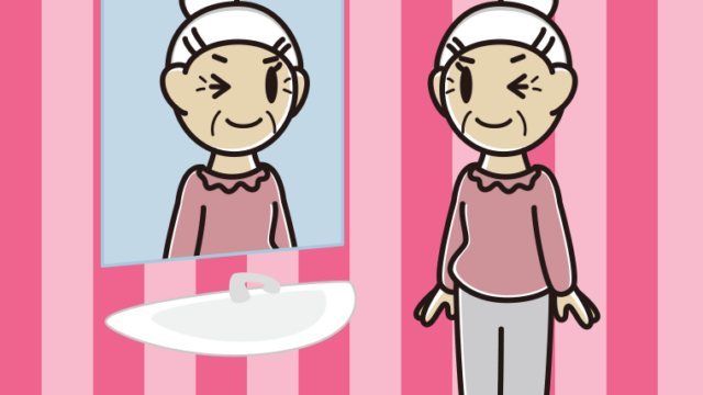 鏡にウインクするおばあさんのイラスト【色、背景あり】PNG