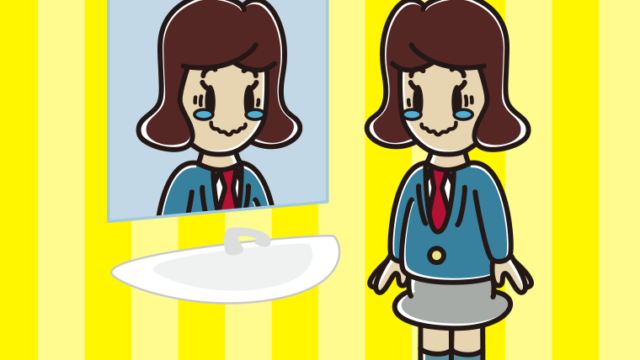 鏡を見てウルウルする女子高校生のイラスト【色、背景あり】PNG