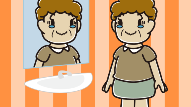 鏡を見てウルウルするおばさんのイラスト【色、背景あり】PNG