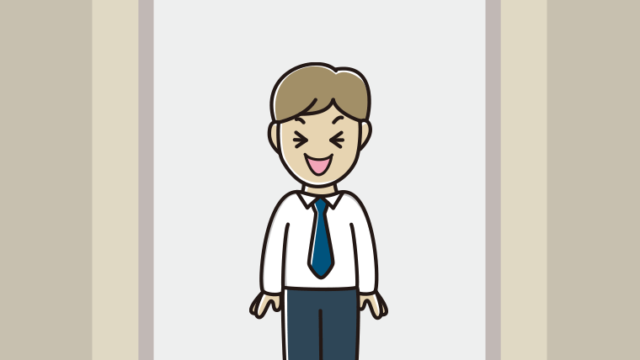 エレベーターで笑う男性会社員（ワイシャツ）のイラスト【色、背景あり】PNG