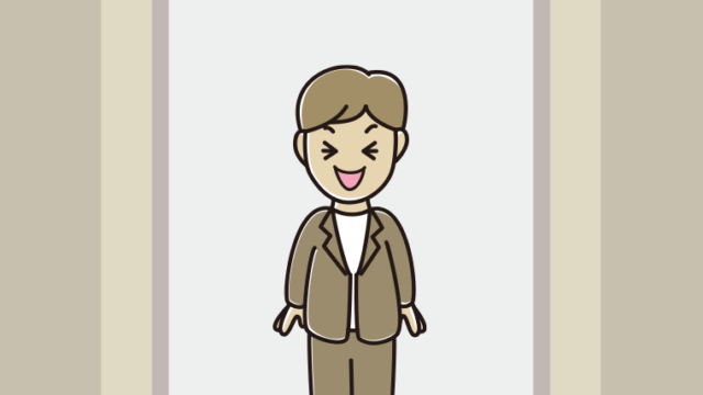 エレベーターで笑う男性会社員（カジュアル）のイラスト【色、背景あり】PNG