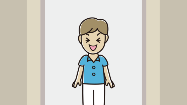 エレベーターで笑う男性会社員（クールビズ）のイラスト【色、背景あり】PNG